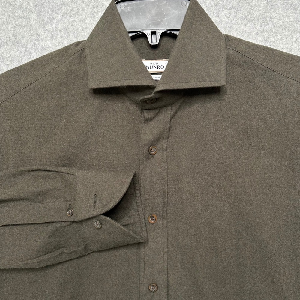 Atelier Munro Mens Olive Green‎ Cotton Button Down Shirt MSHC0220 Long Sleeve